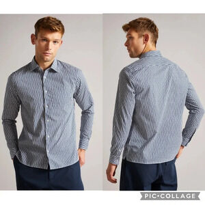 Ted Baker sz 4 (Large) Ruskin Retro Geo Print Cotton Button Down Blue & White
